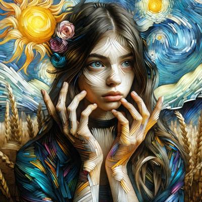 The primary subject of the image is a woman with long hair, wearing a blue dress and a black shirt. She is posing for the camera with her hands on her face. The setting is a field with a backdrop of a painting, which adds a unique visual style to the image. The colors in the image are predominantly blue and purple, creating a calm and serene atmosphere.